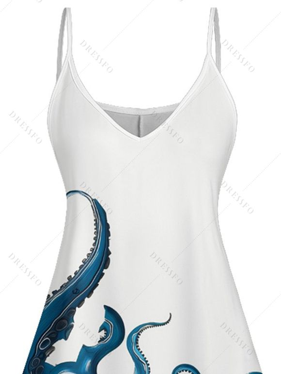 Mini Robe de Vacances Pieuvre Imprimée Contrastée à Bretelle Fine à Col V - Blanc L | US 8-10