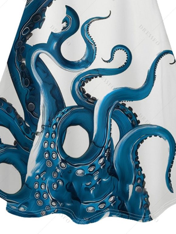 Mini Robe de Vacances Pieuvre Imprimée Contrastée à Bretelle Fine à Col V - Blanc L | US 8-10