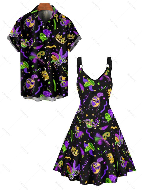 Carnival Mask Crown Print V Neck Mini Dress And Short Sleeve Shirt Matching Outfit - Noir S | US 4