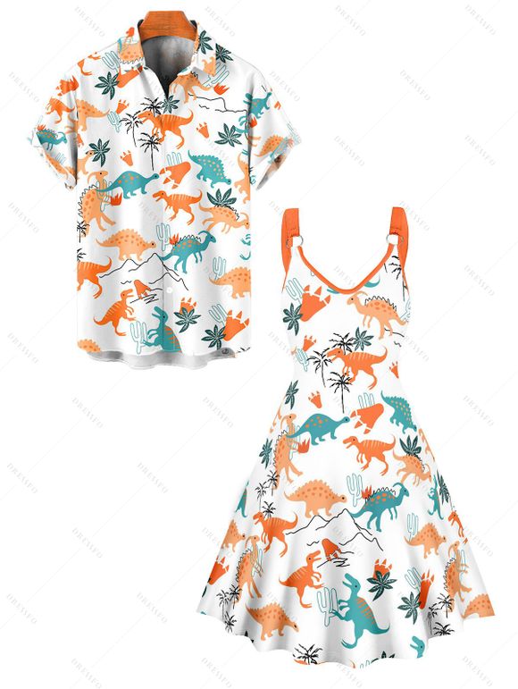 Dinosaur Palm Tree Print Hawaii Vacation V Neck Mini Dress And Short Sleeve Shirt Matching Outfit - Orange S | US 4