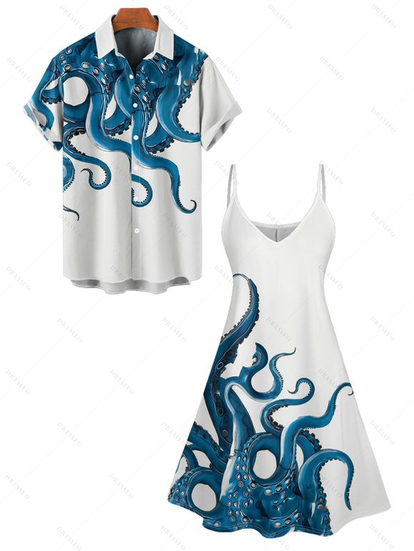 Contrast Octopus Print V Neck Spaghetti Strap Mini Dress And Short Sleeve Shirt Matching Outfit - Blanc S | US 4