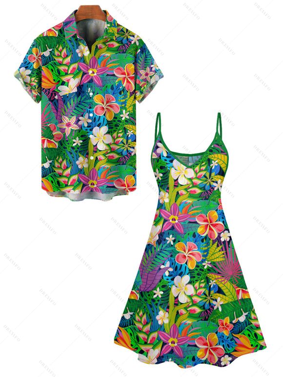 Hawaii Vacation Tropical Leaf Flower Print V Neck Mini Dress And Short Sleeve Shirt Matching Outfit - Vert profond S | US 4