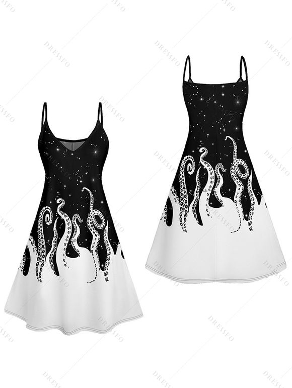Mini Robe à Bretelle Fine Pieuvre Galaxie Contrastée Imprimée à Col V - Noir S | US 4
