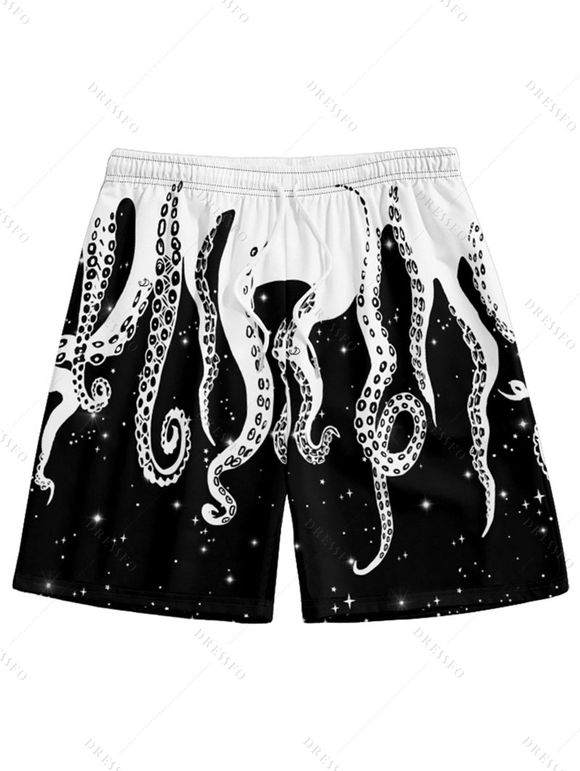 Short de Plage Pieuvre Galaxie Contrasté Imprimé à Cordon - Noir 2XL