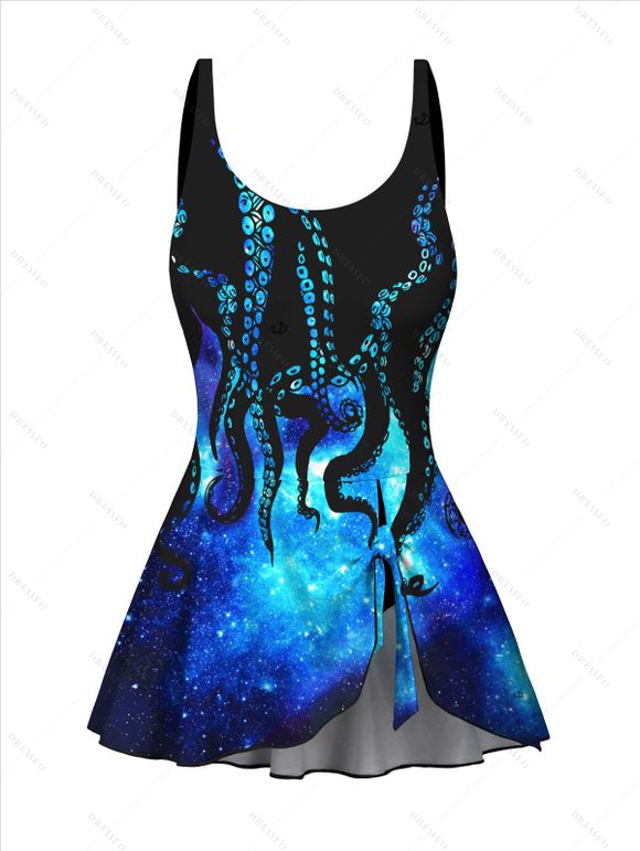 Maillot de Bain Rembourré Galaxie Pieuvre Imprimée Une-Pièce avec Nœud Papillon - Noir XXL | US 14