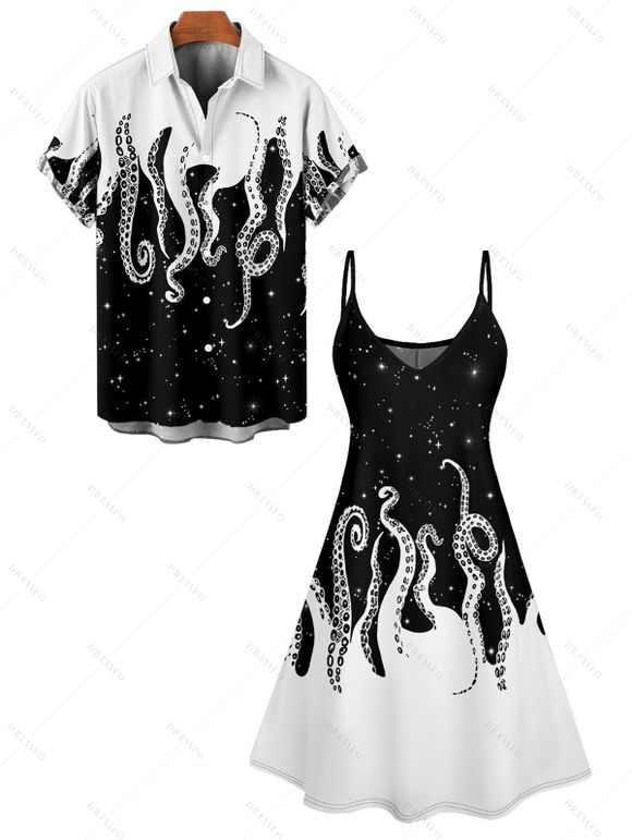 Contrast Octopus Galaxy Print V Neck Spaghetti Strap Mini Dress And Short Sleeve Shirt Matching Outfit - Noir S | US 4