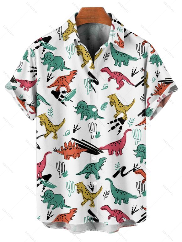 Chemise de Vacances Dinosaure Mignon Imprimé à Manches Courtes - Blanc 3XL