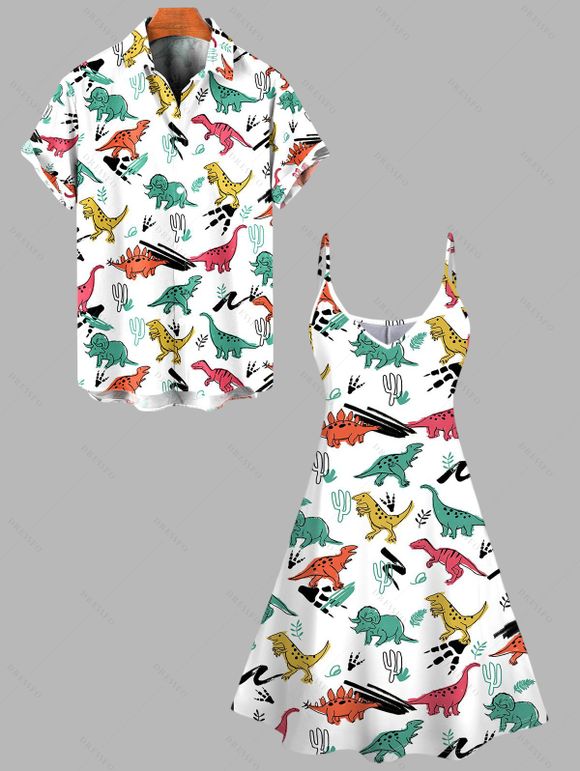 Cute Dinosaur Cactus Print V Neck Spaghetti Strap Mini Dress And Short Sleeve Shirt Matching Outfit - Blanc S | US 4