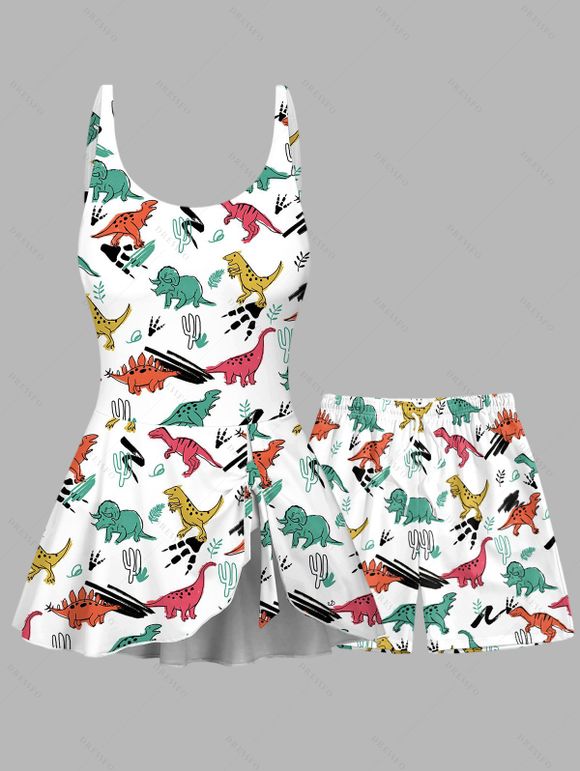 Vacation Cute Dinosaur Print Cinched One-piece Swimsuit And Shorts Matching Outfit - Blanc S | US 4