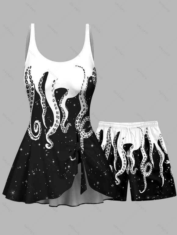 Octopus Galaxy Print Bowknot One-piece Swimsuit And Beach Shorts Matching Outfit - Noir S | US 4