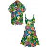 Hawaii Vacation Tropical Leaf Flower Print V Neck Mini Dress And Short Sleeve Shirt Matching Outfit - Vert profond S | US 4