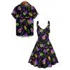 Carnival Mask Crown Print V Neck Mini Dress And Short Sleeve Shirt Matching Outfit - Noir S | US 4