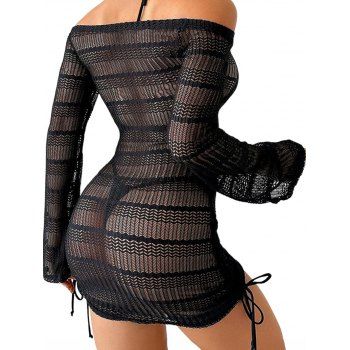 Zigzag See Thru Mesh Beach Mini Dress Cover Ups Cinched Flutter Sleeve Cover Ups 