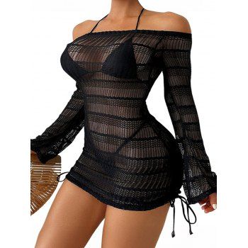 Zigzag See Thru Mesh Beach Mini Dress Cover Ups Cinched Flutter Sleeve Cover Ups