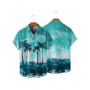 Beach Palm Tree Painting Print Short Sleeve Vacation Shirt 