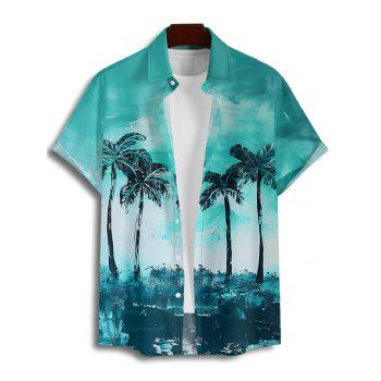 Beach Palm Tree Painting Print Short Sleeve Vacation Shirt 