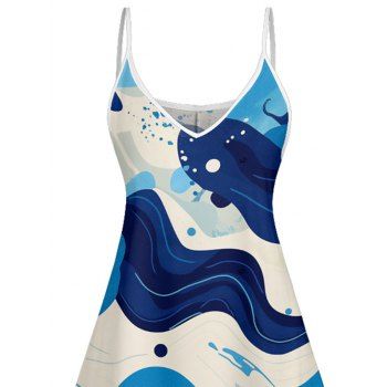 Allover Wave Print Spaghetti Strap V Neck A Line Mini Dress 