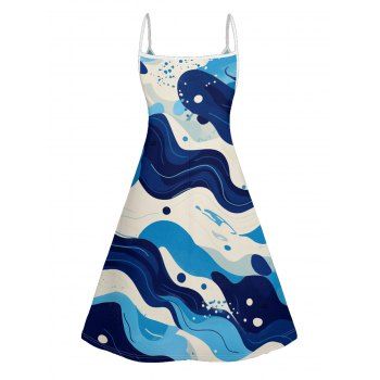 Allover Wave Print Spaghetti Strap V Neck A Line Mini Dress 