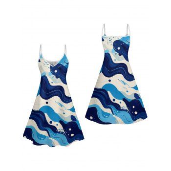 Allover Wave Print Spaghetti Strap V Neck A Line Mini Dress 