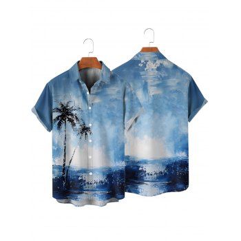 Vacation Palm Tree Beach Painting Print V Neck A Line Mini Dress And Short Sleeve Shirt Matching Outfit