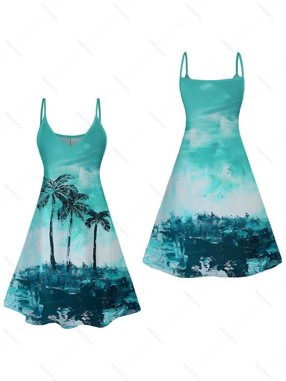 Mini Robe Arbre de Vacances Ligne A Palmier Imprimée à Bretelle Fine - Vert clair XL | US 12