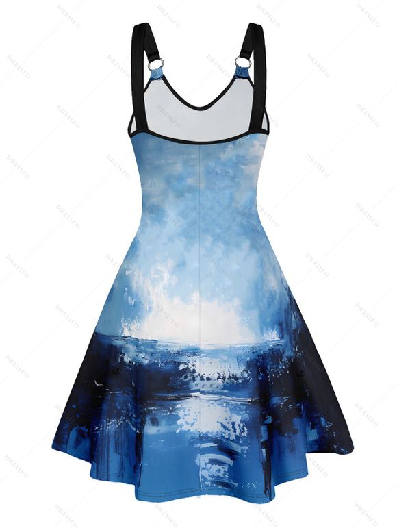 Mini Robe de Plage Ligne A Palmier Anneau en O Imprimé à Col V - Bleu XXL | US 14