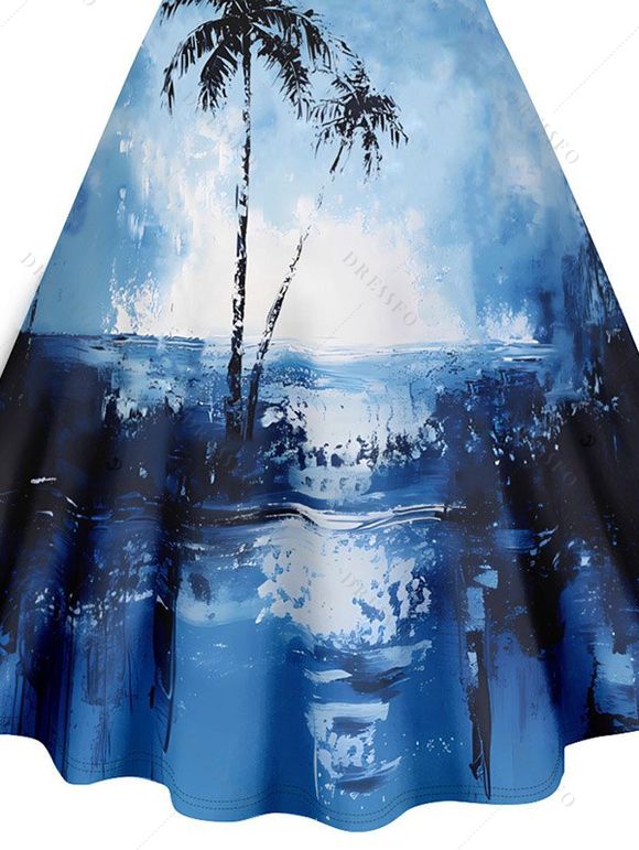 Mini Robe de Plage Ligne A Palmier Anneau en O Imprimé à Col V - Bleu XXL | US 14