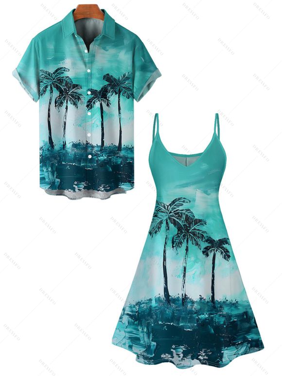 Palm Tree Beach Painting Print A Line V Neck Mini Vacation Dress And Short Sleeve Shirt Matching Outfit - Vert clair S | US 4