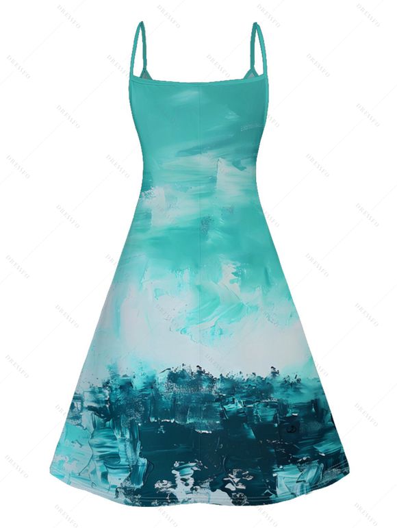 Palm Tree Beach Painting Print A Line V Neck Mini Vacation Dress And Short Sleeve Shirt Matching Outfit - Vert clair S | US 4