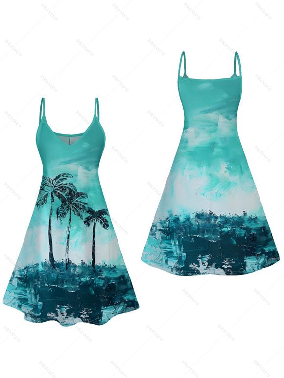 Palm Tree Beach Painting Print A Line V Neck Mini Vacation Dress And Short Sleeve Shirt Matching Outfit - Vert clair S | US 4