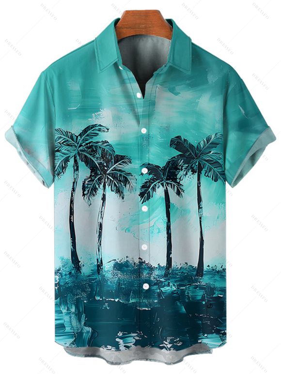 Palm Tree Beach Painting Print A Line V Neck Mini Vacation Dress And Short Sleeve Shirt Matching Outfit - Vert clair S | US 4