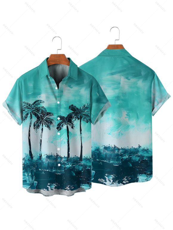 Palm Tree Beach Painting Print A Line V Neck Mini Vacation Dress And Short Sleeve Shirt Matching Outfit - Vert clair S | US 4