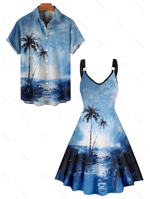 Vacation Palm Tree Beach Painting Print V Neck A Line Mini Dress And Short Sleeve Shirt Matching Outfit - Bleu S | US 4