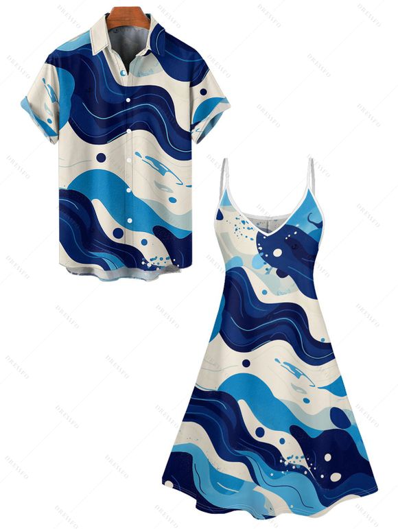 Allover Wave Print V Neck Spaghetti Strap A Line Mini Dress And Short Sleeve Shirt Matching Outfit - Bleu S | US 4