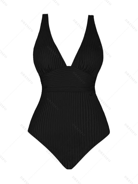 Maillot de Bain Une-Pièce Texturé Rembourré à Col Plongeant Couleur Unie - Noir XL | US 10