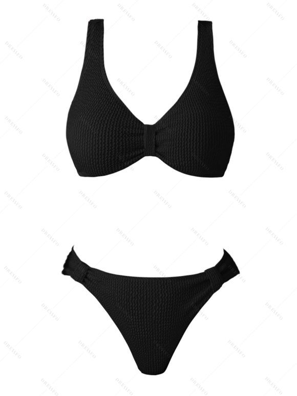 Maillot de Bain de Plage Texturé Plissé Matelassé en Couleur Unie Deux Pièces - Noir XL | US 10