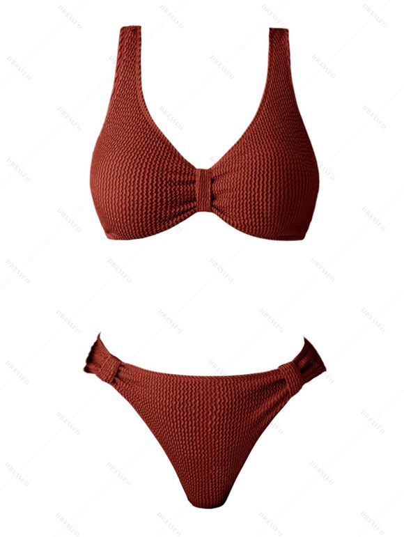 Maillot de Bain de Plage Texturé Plissé Matelassé en Couleur Unie Deux Pièces - Rouge foncé XL | US 10