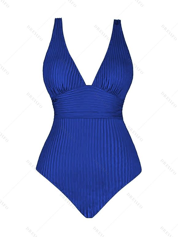 Maillot de Bain Une-Pièce Texturé Rembourré à Col Plongeant Couleur Unie - Bleu profond M | US 6