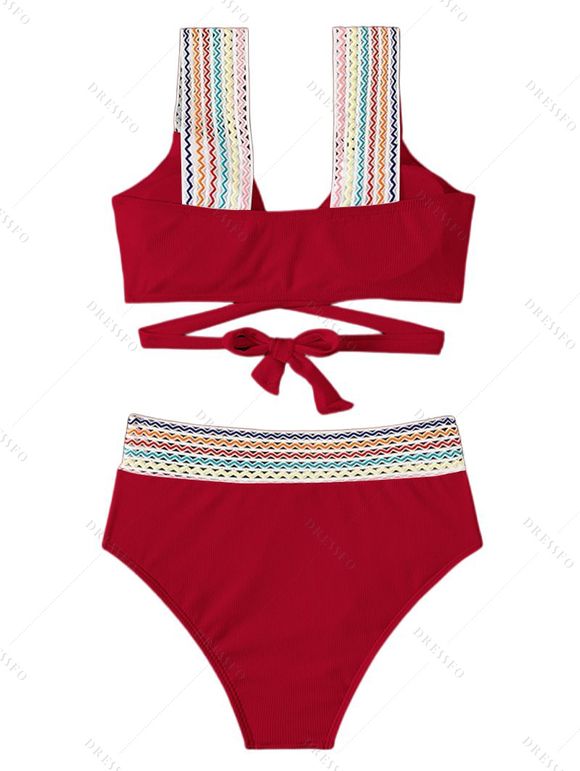Maillot de Bain Bikini Zigzag Découpé Arc-en-ciel à Taille Haute Deux Pièces - Rouge XL | US 10