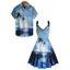 Vacation Palm Tree Beach Painting Print V Neck A Line Mini Dress And Short Sleeve Shirt Matching Outfit - Bleu S | US 4