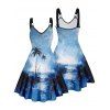 Vacation Palm Tree Beach Painting Print V Neck A Line Mini Dress And Short Sleeve Shirt Matching Outfit - Bleu S | US 4