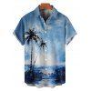 Vacation Palm Tree Beach Painting Print V Neck A Line Mini Dress And Short Sleeve Shirt Matching Outfit - Bleu S | US 4