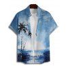 Vacation Palm Tree Beach Painting Print V Neck A Line Mini Dress And Short Sleeve Shirt Matching Outfit - Bleu S | US 4