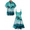 Palm Tree Beach Painting Print A Line V Neck Mini Vacation Dress And Short Sleeve Shirt Matching Outfit - Vert clair S | US 4