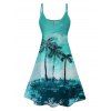 Palm Tree Beach Painting Print A Line V Neck Mini Vacation Dress And Short Sleeve Shirt Matching Outfit - Vert clair S | US 4