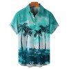 Palm Tree Beach Painting Print A Line V Neck Mini Vacation Dress And Short Sleeve Shirt Matching Outfit - Vert clair S | US 4