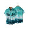 Palm Tree Beach Painting Print A Line V Neck Mini Vacation Dress And Short Sleeve Shirt Matching Outfit - Vert clair S | US 4