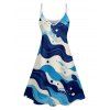 Allover Wave Print V Neck Spaghetti Strap A Line Mini Dress And Short Sleeve Shirt Matching Outfit - Bleu S | US 4