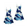 Allover Wave Print V Neck Spaghetti Strap A Line Mini Dress And Short Sleeve Shirt Matching Outfit - Bleu S | US 4