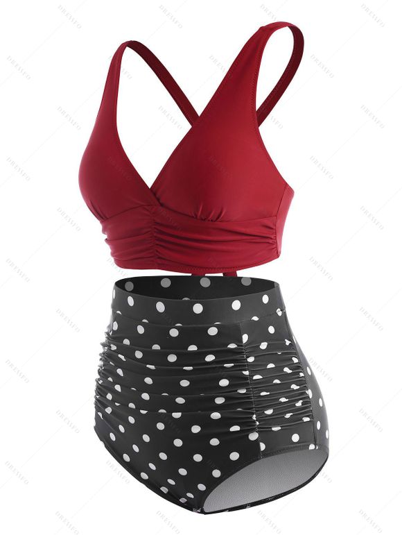 Maillot de Bain Tankini Vintage Gainant Plissé à Taille Haute à Pois de Vacance - Rouge foncé S